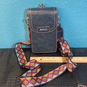 Navy Crossbody Phone Bag with Colorful Strap
